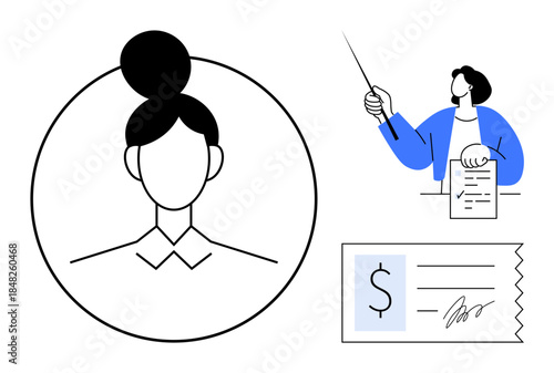 Portrait of a businesswoman in a circle, person pointing at document, signed check. Ideal for legal, finance, HR, business communication, contract negotiation, documentation simple flat metaphor