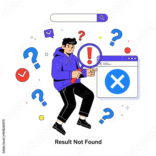 Flat illustration of a confused man holding a magnifying glass with error warning, symbolizing search failure, result not found, troubleshooting, web error, problem solving, and user experience issues