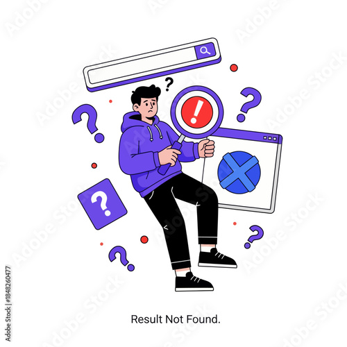 Flat illustration of a confused man holding a magnifying glass with error warning, symbolizing search failure, result not found, troubleshooting, web error, problem solving, and user experience issues