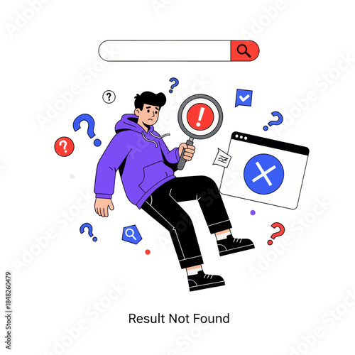 Flat illustration of a confused man holding a magnifying glass with error warning, symbolizing search failure, result not found, troubleshooting, web error, problem solving, and user experience issues