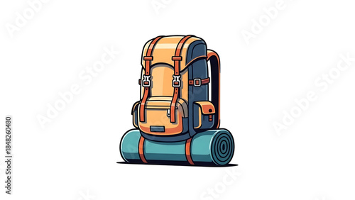 Modern Vector Illustration of Hiking Backpack and Green Sleeping Mat for Adventure Travel