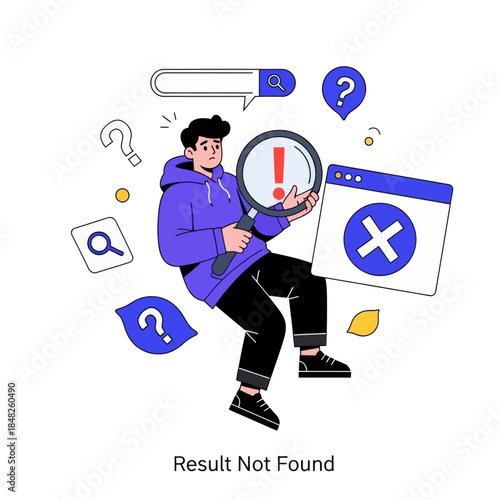 Flat illustration of a confused man holding a magnifying glass with error warning, symbolizing search failure, result not found, troubleshooting, web error, problem solving, and user experience issues