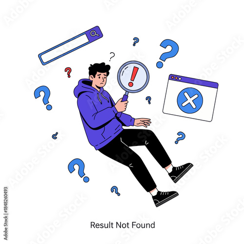 Flat illustration of a confused man holding a magnifying glass with error warning, symbolizing search failure, result not found, troubleshooting, web error, problem solving, and user experience issues