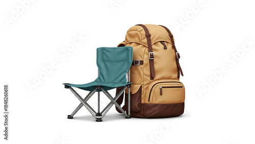 Realistic Teal Folding Chair and Durable Brown Backpack for Ultimate Outdoor Comfort and Travel.