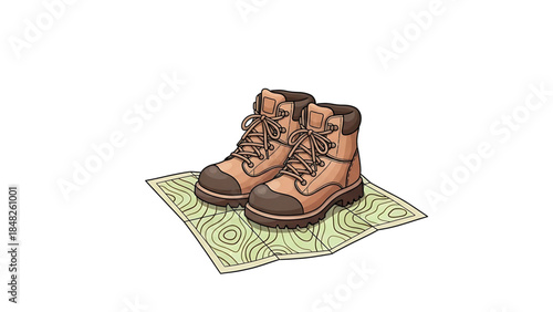 Sturdy Hiking Boots Resting on Topographical Contour Map for Outdoor Trekking Preparation.