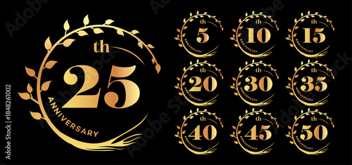 Golden Anniversary Badges 5, 10, 15, 20, 25, 30, 35, 40, 45, 50  Laurel Wreath Icon Set