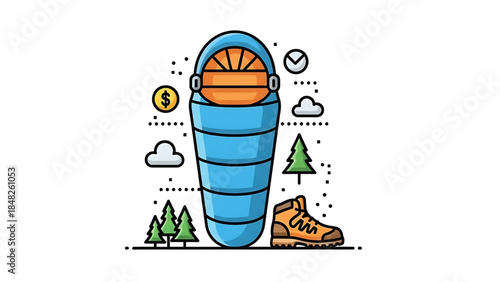 Comprehensive Camping & Hiking Gear: Sleeping Bag, Boot, and Adventure Planning Icons
