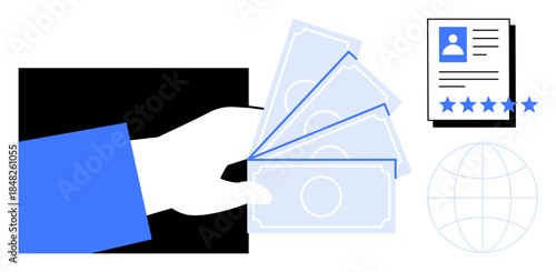 Hand holding cash alongside profile and globe icons suggesting financial transactions, recruitment, and global connectivity. Ideal for finance, HR, e-commerce, careers, globalization, networking