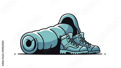 Monochromatic Outdoor Gear: Rolled Sleeping Bag and Hiking Boots for Wilderness Trips