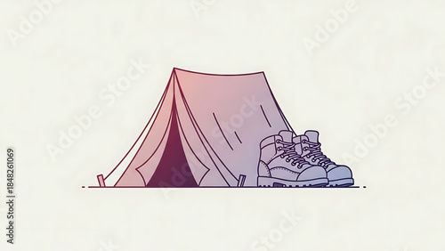 Stylized Camping Tent and Hiking Boots Line Art Illustration for Outdoor Adventures.