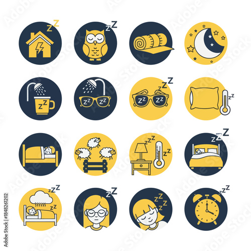 Minimal sleep routine icon set in flat yellow and black style featuring bedtime habits, night symbols, relaxation, and rest activities. Ideal for wellness, sleep tracking, and lifestyle design.