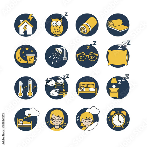Minimal sleep routine icon set in flat yellow and black style featuring bedtime habits, night symbols, relaxation, and rest activities. Ideal for wellness, sleep tracking, and lifestyle design.