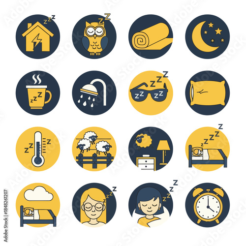 Minimal sleep routine icon set in flat yellow and black style featuring bedtime habits, night symbols, relaxation, and rest activities. Ideal for wellness, sleep tracking, and lifestyle design.