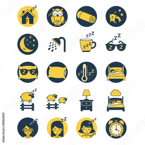 Minimal sleep routine icon set in flat yellow and black style featuring bedtime habits, night symbols, relaxation, and rest activities. Ideal for wellness, sleep tracking, and lifestyle design.
