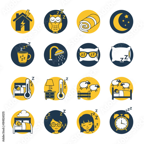 Minimal sleep routine icon set in flat yellow and black style featuring bedtime habits, night symbols, relaxation, and rest activities. Ideal for wellness, sleep tracking, and lifestyle design.