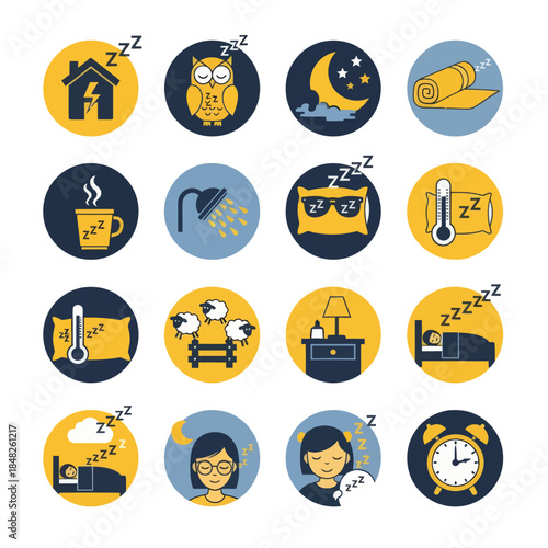 Minimal sleep routine icon set in flat yellow and black style featuring bedtime habits, night symbols, relaxation, and rest activities. Ideal for wellness, sleep tracking, and lifestyle design.
