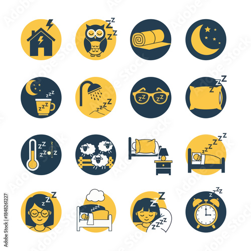 Minimal sleep routine icon set in flat yellow and black style featuring bedtime habits, night symbols, relaxation, and rest activities. Ideal for wellness, sleep tracking, and lifestyle design.