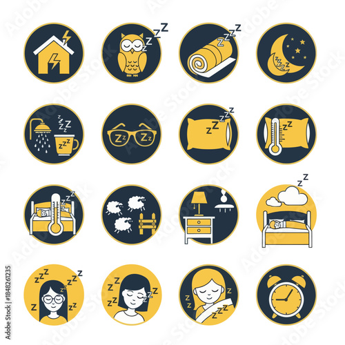 Minimal sleep routine icon set in flat yellow and black style featuring bedtime habits, night symbols, relaxation, and rest activities. Ideal for wellness, sleep tracking, and lifestyle design.