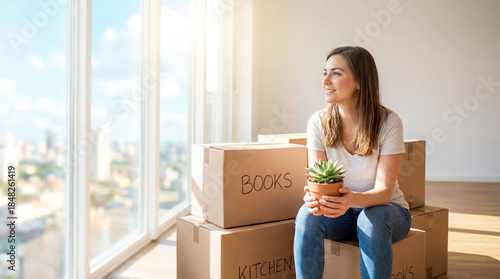 Woman sits on moving boxes in a new apartment holding a plant and looking out of a large window at a city view during daytime