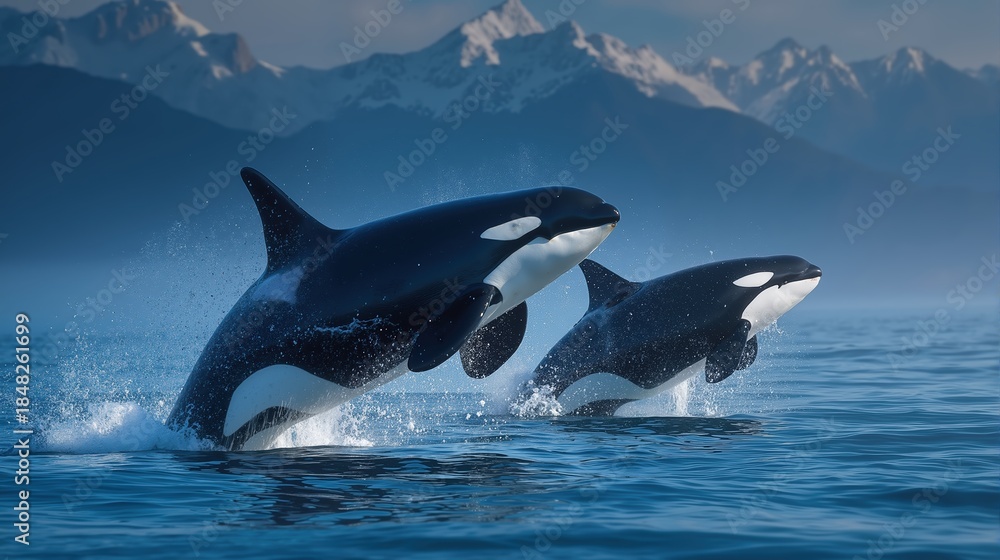 Fototapeta premium Orca whales breaching in pristine arctic ocean with snow-capped mountains in the background