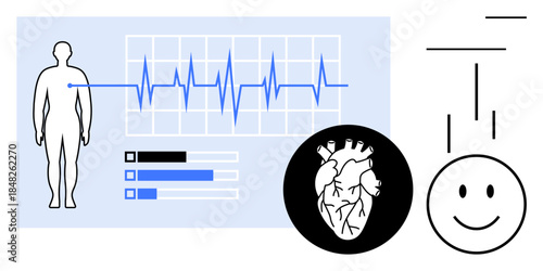 Health monitoring system. Visualizing heart health includes heart diagram, ECG waveform, and vital stats. Health supports diagnostics, wellness tracking, and medical research. For healthcare