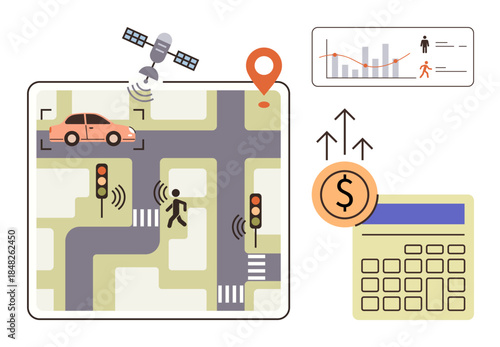 Satellite tracking vehicles and pedestrians, real-time GPS map, financial data analytics. Ideal for urban systems, traffic control, IoT, GPS, analytics efficiency transportation. Simple flat