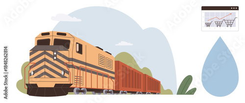 Freight train hauling cargo in nature, webpage analytics with shopping carts, and a water droplet symbol. Ideal for transport, logistics, e-commerce, analytics, sustainability economy growth. Flat