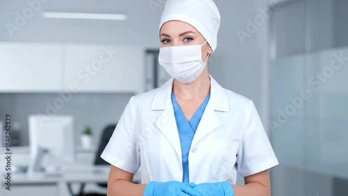 A medical professional, masked and gloved, stands in an office setting