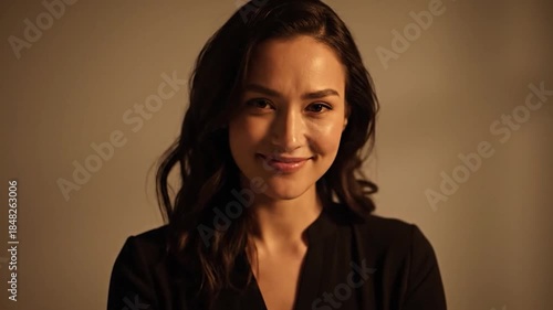 A woman smiles with soft light illuminating her face and dark hair. She wears a black top
