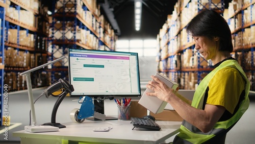 Fotografía Distribution hub staff printing and applying awb labels on packages, wearing hi vis vest in a storehouse