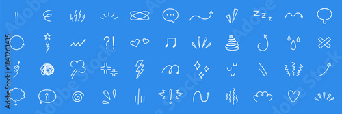 Comic movement effect and expression sign icon set. Anime and manga doodle symbols. Japanese decorative lines, character emotion in sketch style. Hand drawn vector illustration