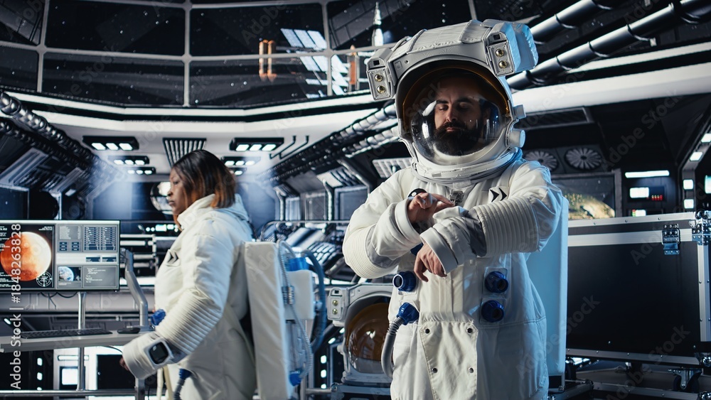 Obraz premium Portrait of joyous astronaut holding helmet performing routine maintenance in starship exploring deep space. Happy cosmonaut navigating orbital trajectory in spacecraft after leaving planet