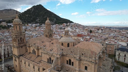 Aerial Drone View of Jaen Cathedral With City Panorama, Spain