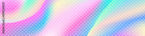 Pastel rainbow mermaid background soft holographic gradient waves and seamless fish scale pattern texture