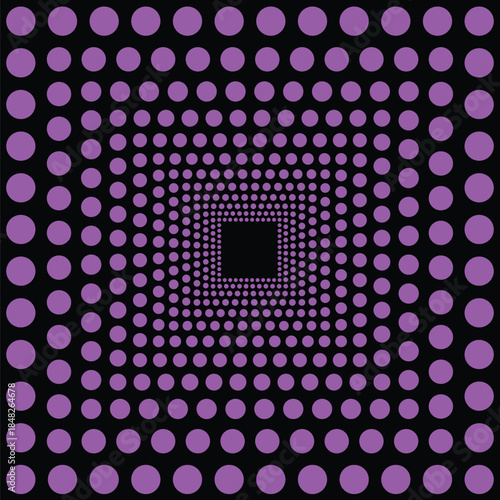 Visual effect created by squares of bright neon purple circles on a black background, getting progressively smaller