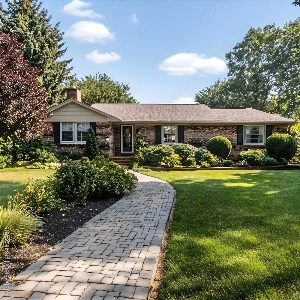 Naklejka premium Garage door in luxury house with trees and nice landscape in Summer in Vancouver, Canada, North America. Day time on June 2024.