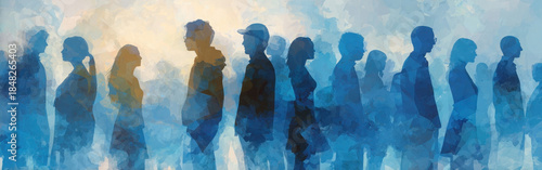 Silhouetted figures in blue tones illustrating unity and collaboration among diverse individuals in a harmonious setting