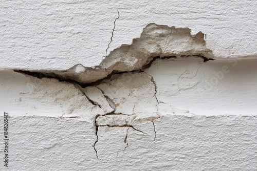 Cracked White Plaster Wall with Exposed Pipe and Rough Texture Under Bright Sunlight