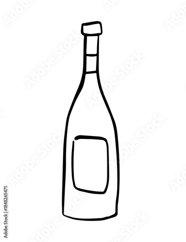 Hand Drawn Wine Bottle Line Illustration. Minimal Black and White Alcohol Beverage Sketch, Simple Doodle Bottle Icon with cork. Menu Design, Winery Branding, Labels and Packaging, celebration