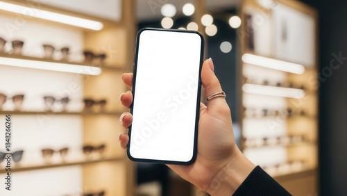 Professional hand holding smartphone with blank screen in stylish eyewear store