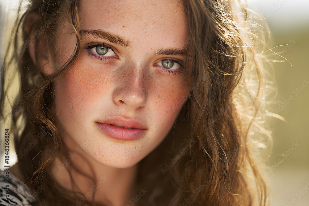 Fototapeta premium Young girl with curly hair and striking blue-green eyes gazes thoughtfully into the distance outdoors during golden hour