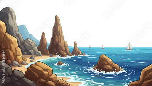 beautiful beach with blue sea and rocks, sand on white isolated sky wallpaper cartoon