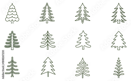 Stylized Christmas Tree Outline Collection Simple Line Drawing Vector Holiday Design Icons