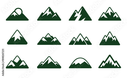 Minimal Mountain Icons Dark Green Flat Vector Minimalist Peaks Snow Capped Design Set