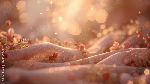 Soft pastel fabric draped with tiny rosebuds and magical bokeh lights