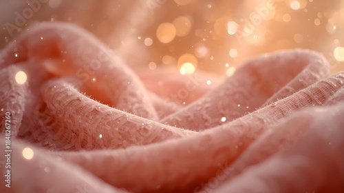 Soft pink draped fabric with delicate textures and shimmering golden bokeh lights