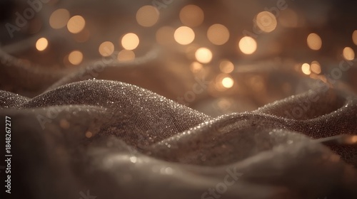 Elegant silver shimmering fabric with soft folds and golden bokeh