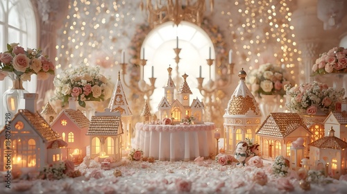 A magical miniature winter village with glowing fairy-tale houses and roses
