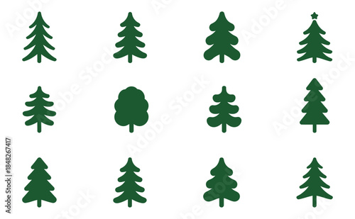Minimal Dark Green Tree Silhouette Icon Set with Evergreen and Deciduous Forest Graphics 