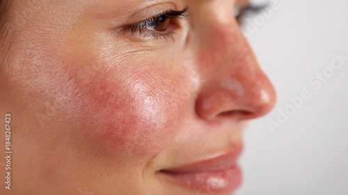 Skin condition symptoms displayed with redness and irritation on the cheek of a young adult facing left in a neutral background